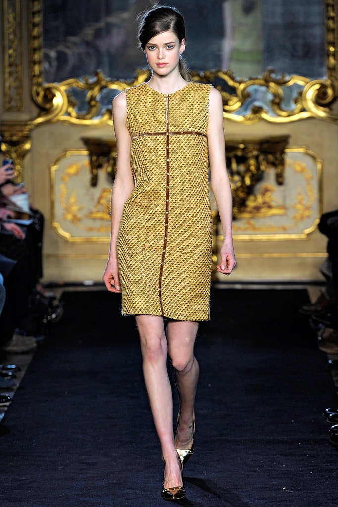 fitted yellow tweed mini dress