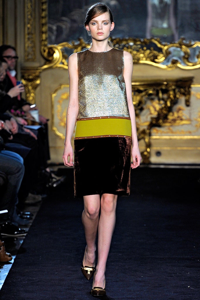 gold and green layered top with mini skirt