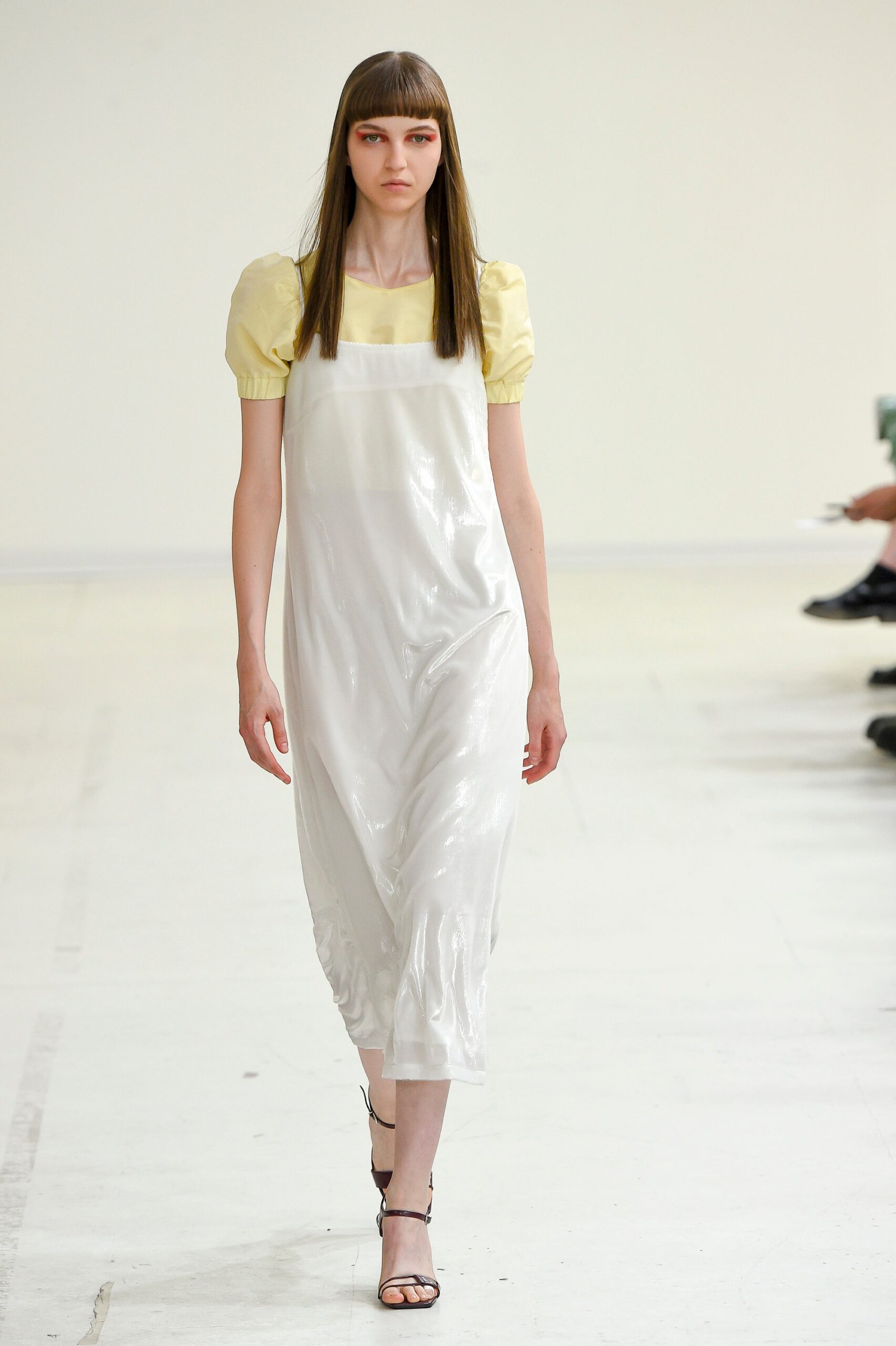 white silk sleeveless v-neck relaxed draped shiny dress