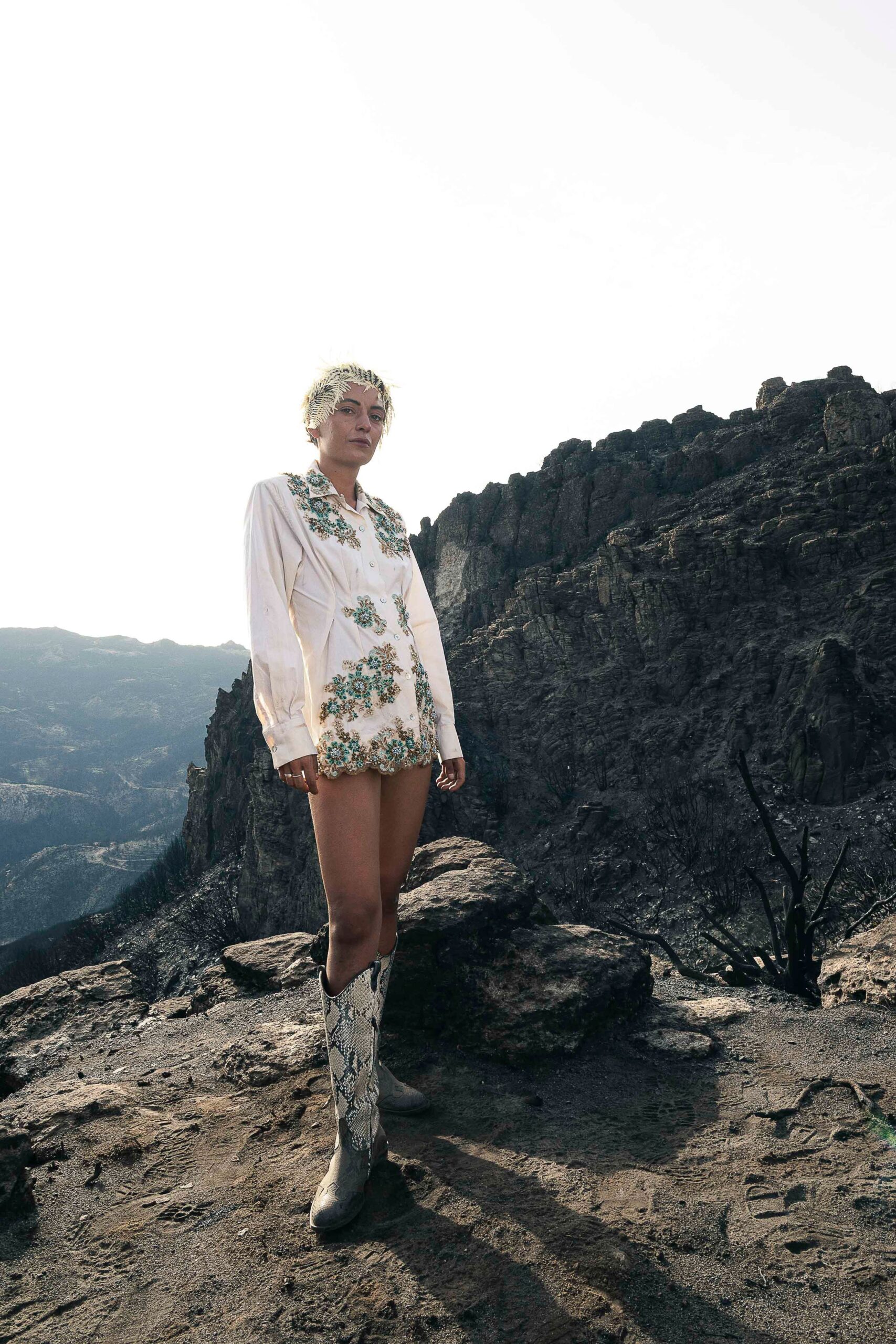 white embroidered shirt-dress with gray boots
