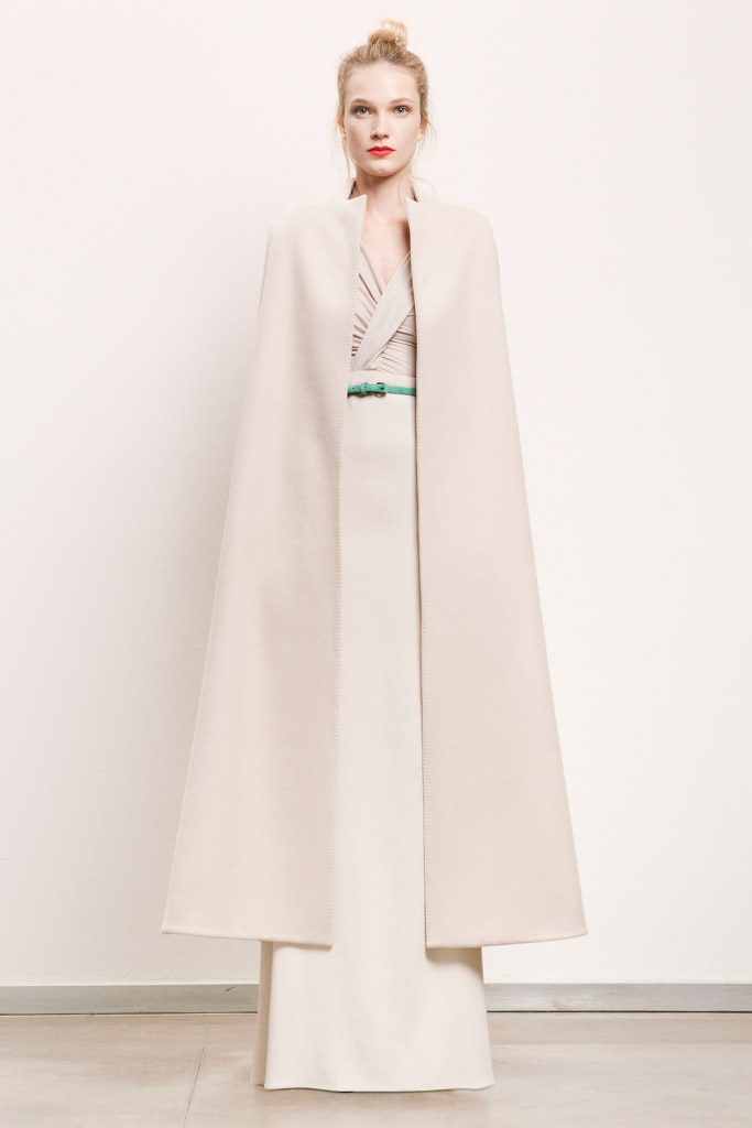 white silk fitted gown with beige cape
