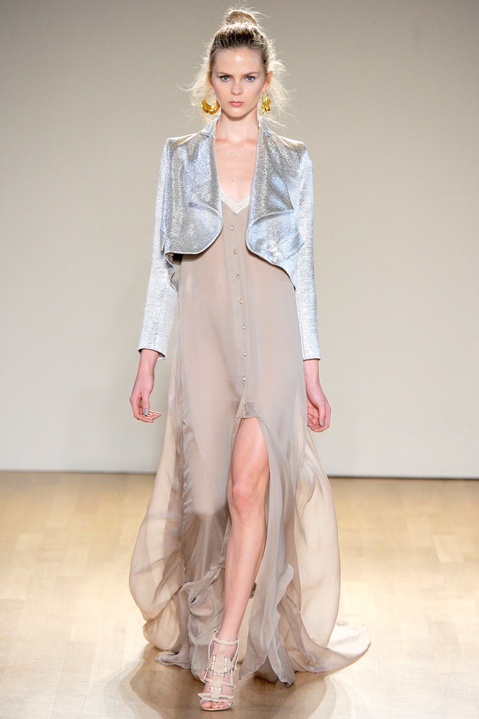 beige chiffon maxi dress with silver jacket