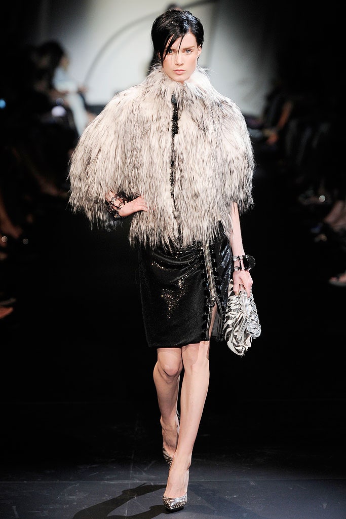 black sequined mini dress with gray fur cape