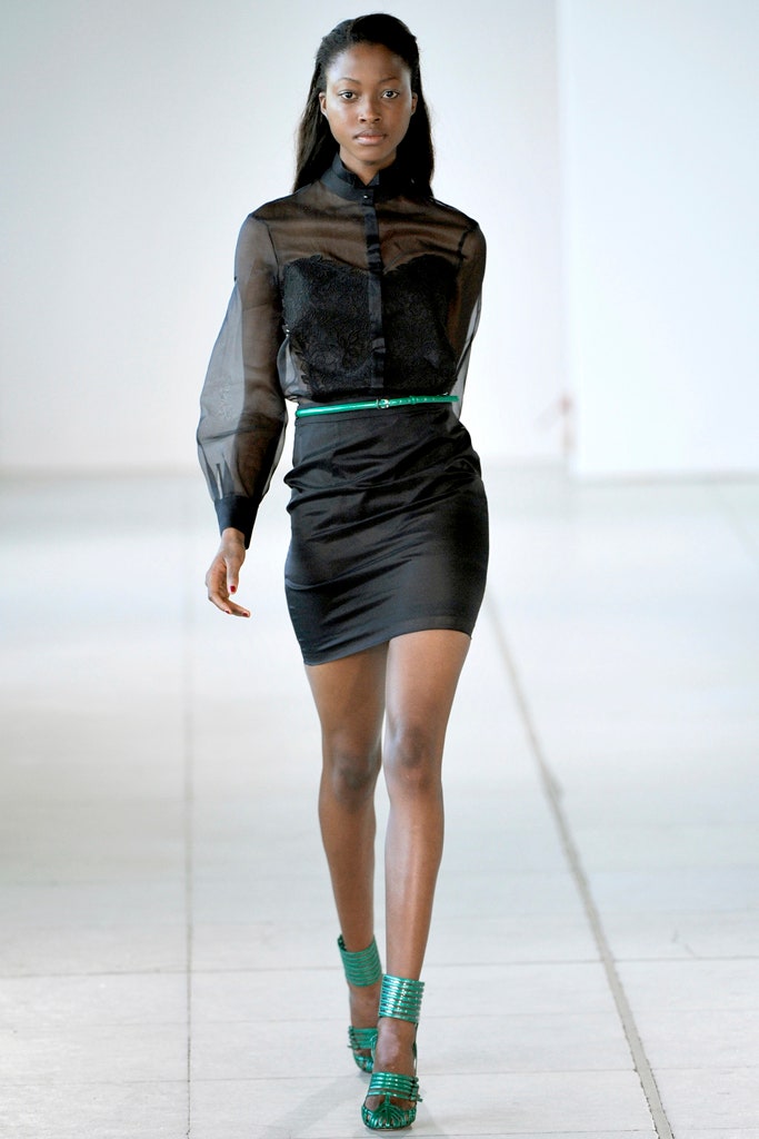 black silk fitted shirt and mini skirt