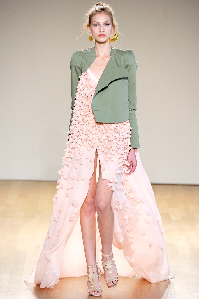 pink silk maxi dress with green jacket