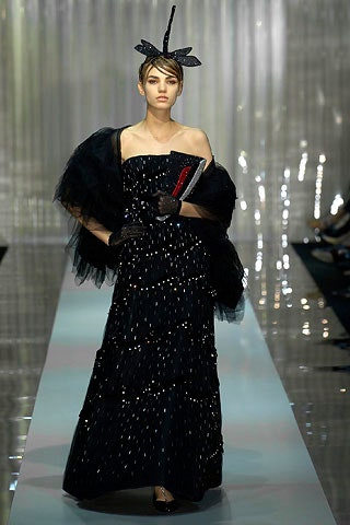 black beaded gown with cape