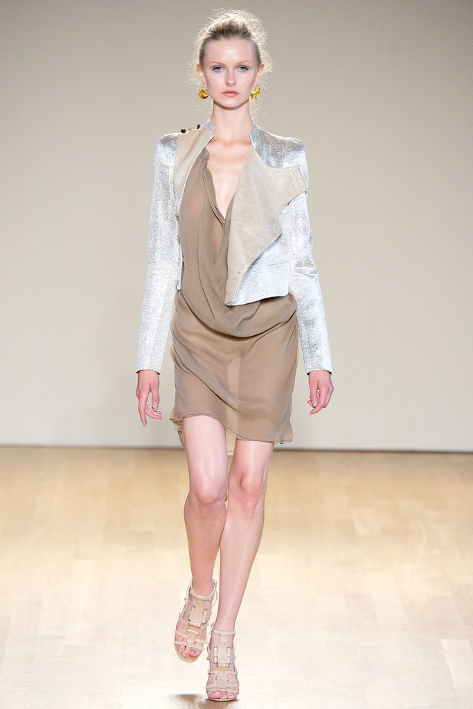 beige silk mini dress with silver jacket