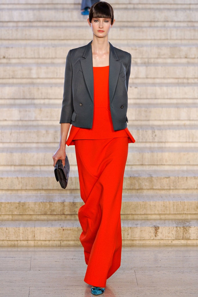 gray blazer red gown