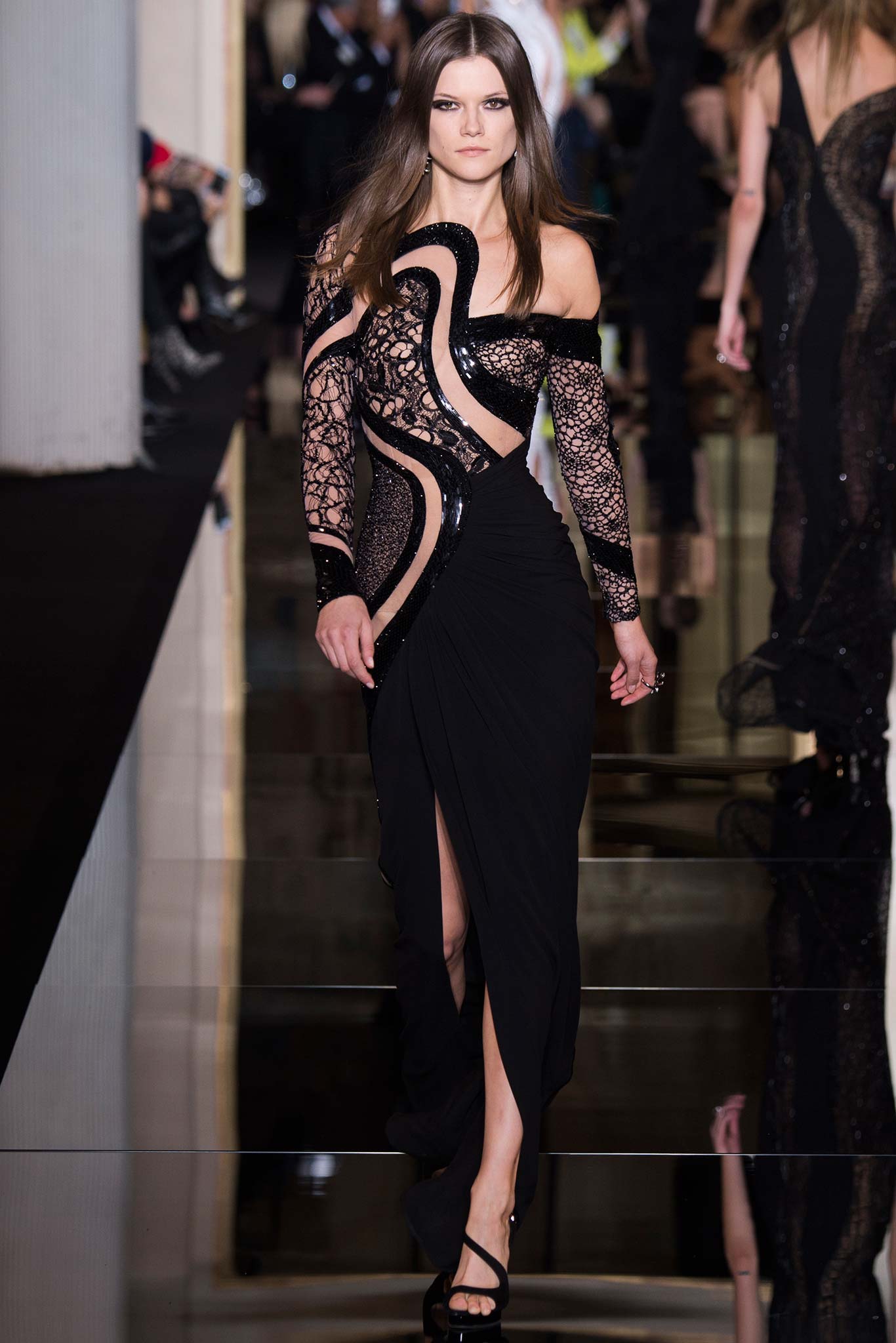 black silk off-shoulder gown