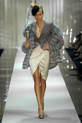 gray tweed blazer with ivory skirt