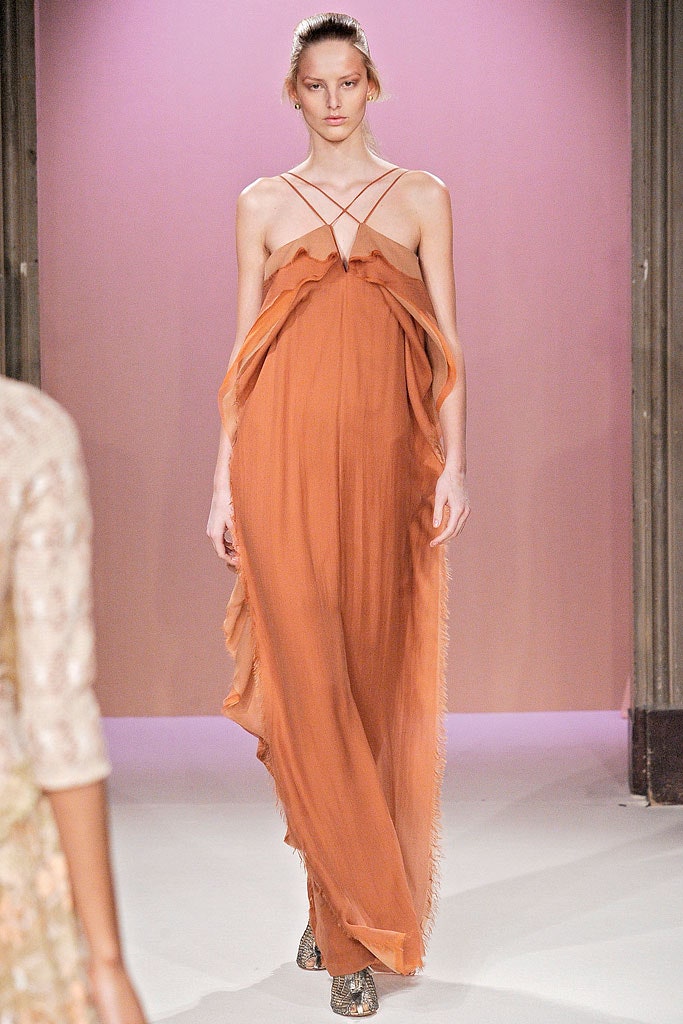 orange silk sleeveless gown