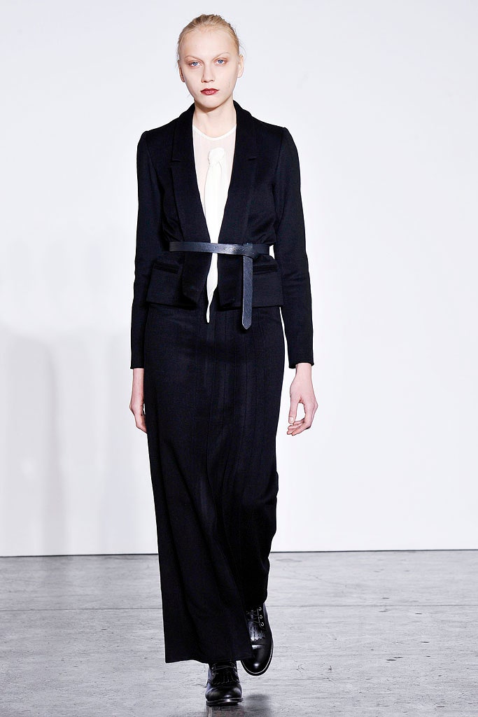 black wool long-sleeve collared fitted belted straight-leg dress