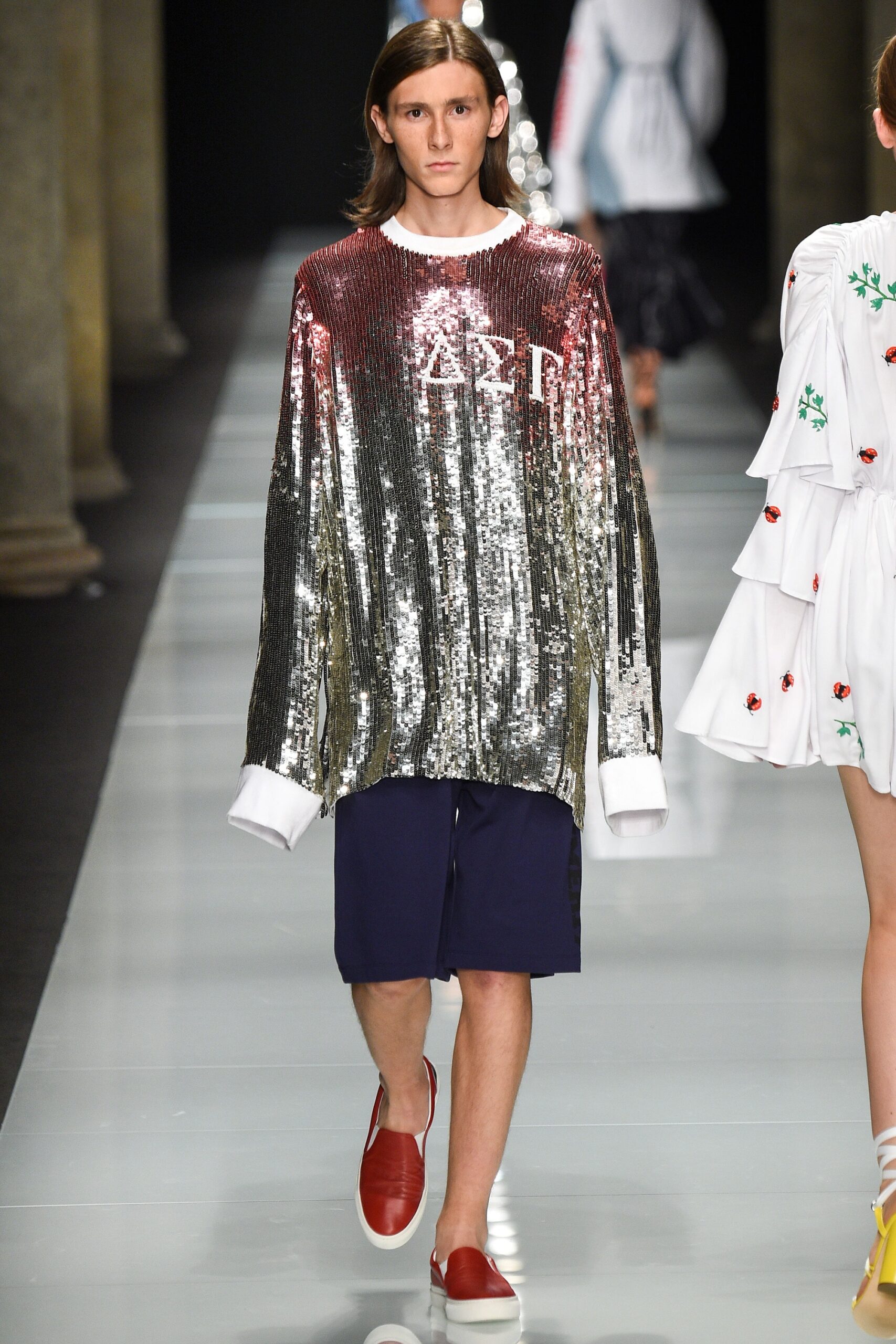 gray sequin long-sleeve collared oversized layered shiny top