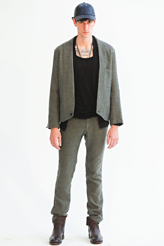 gray wool blazer with black tank-top