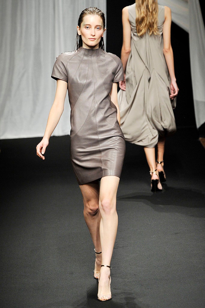 fitted gray leather mini dress