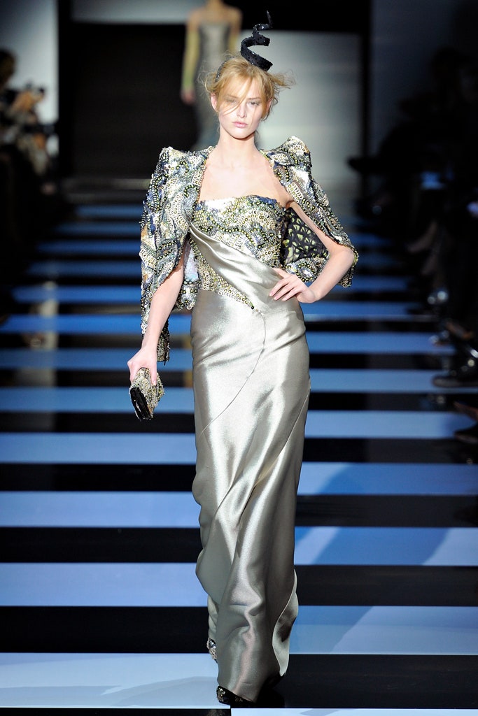 silver silk gown with black jacket