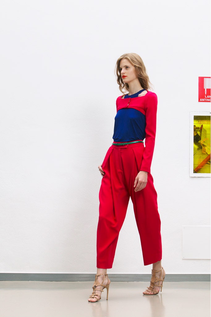 color-blocked top with relaxed pants