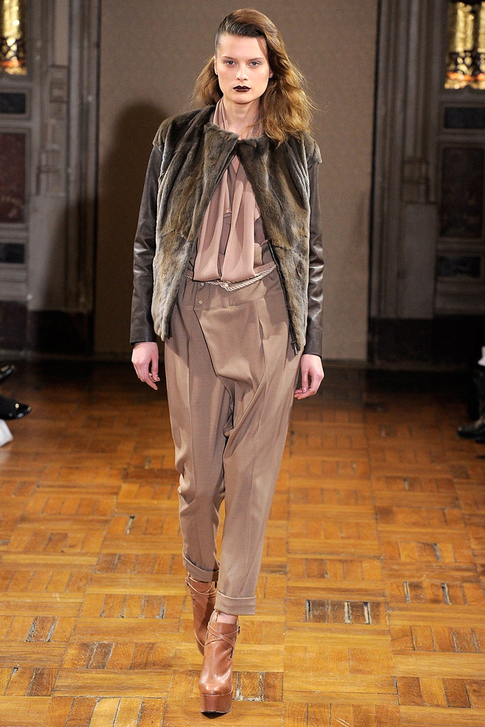 beige silk blouse with brown fur jacket