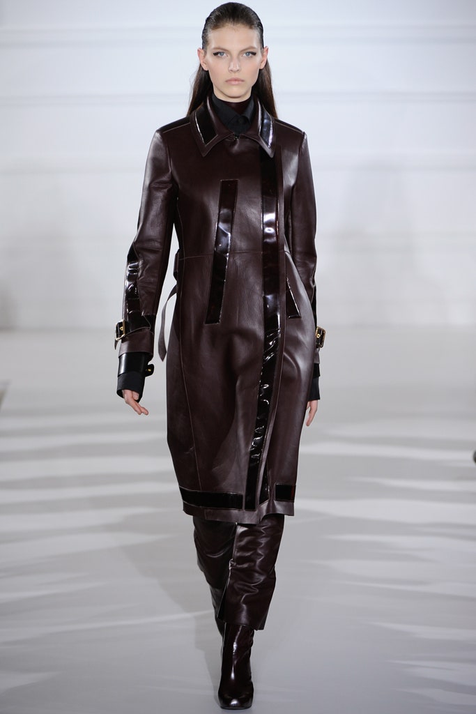 brown leather fitted coat and pants