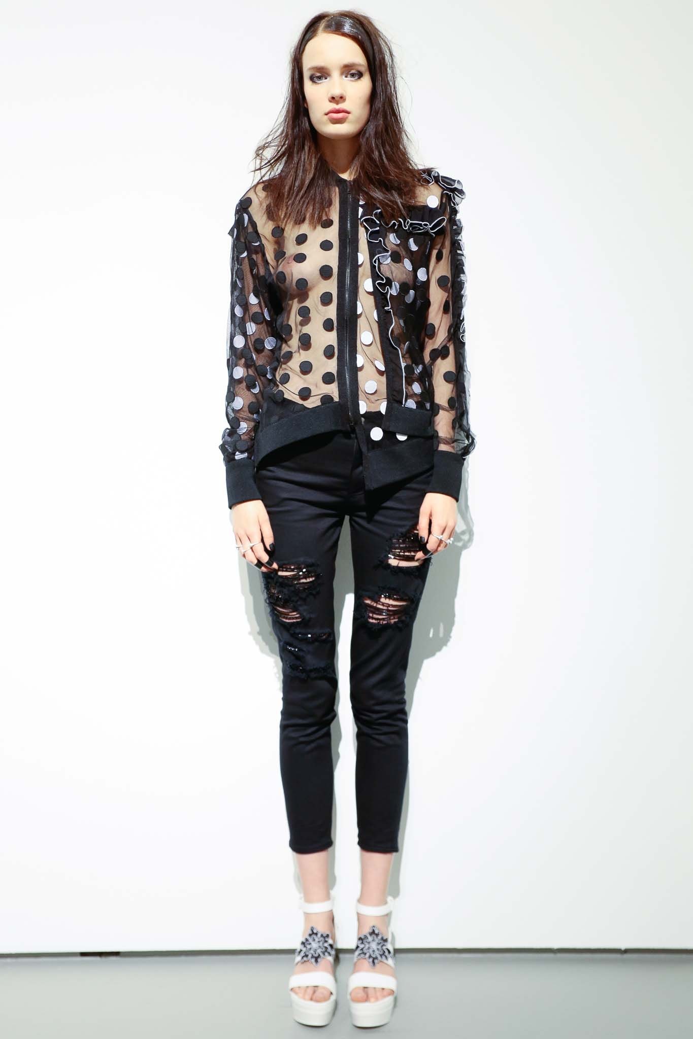 black cotton long-sleeve collared fitted polka-dot ruffled jacket