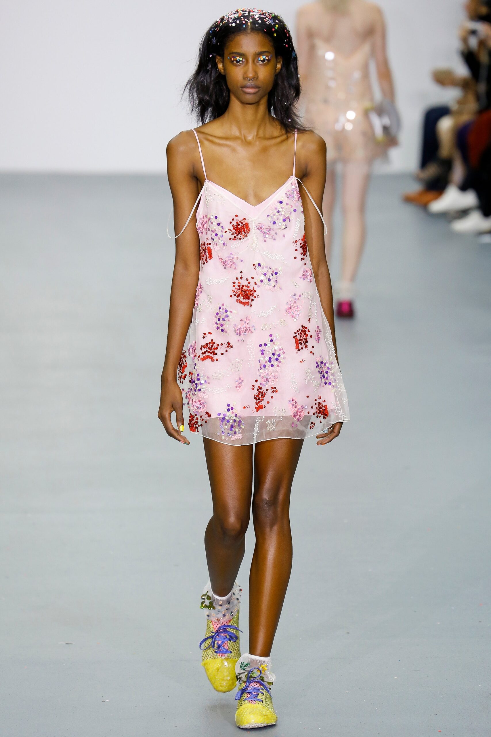 pink embroidered mini dress with shoes