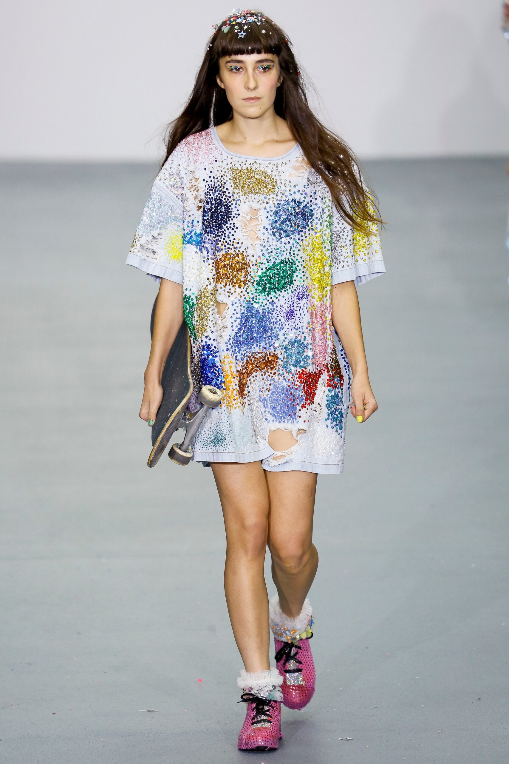 relaxed multi-colored t-shirt with distressed shorts