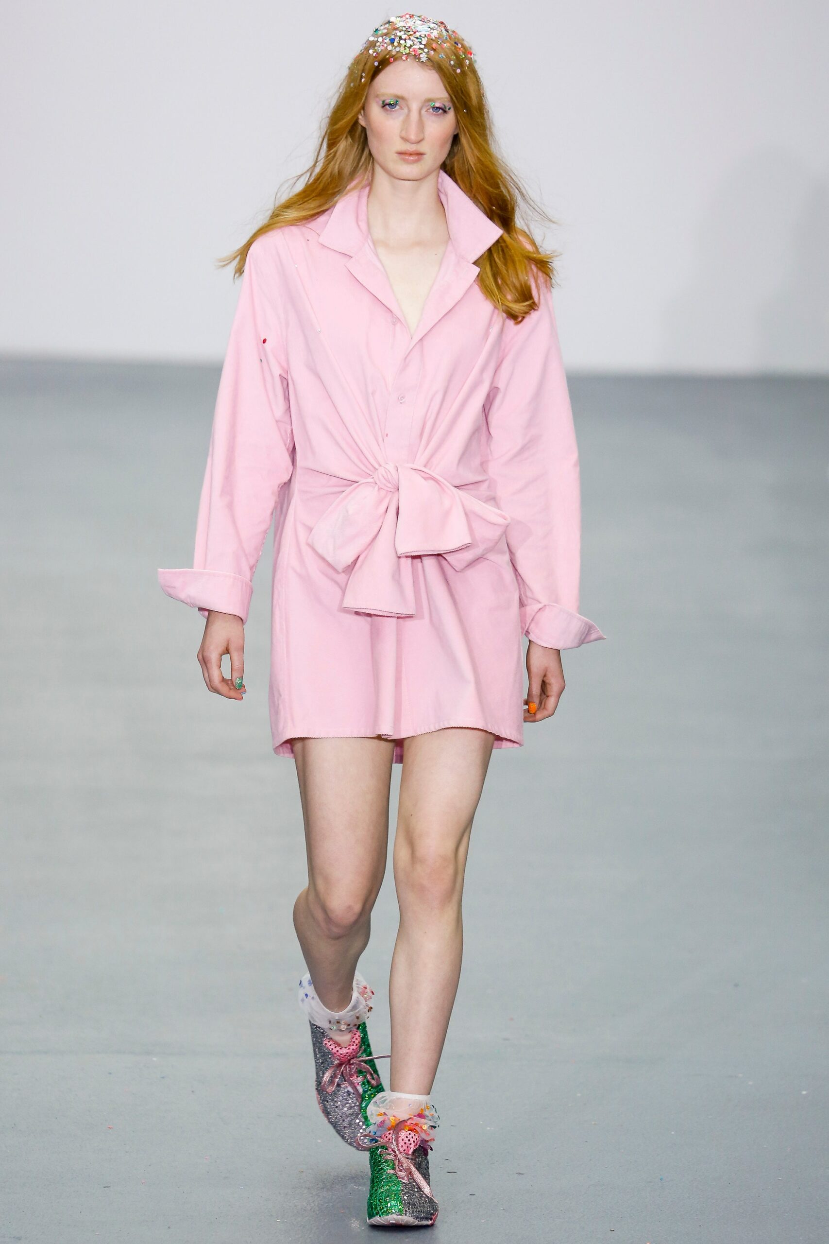 pink cotton long-sleeve collared fitted belted short shirt-dress