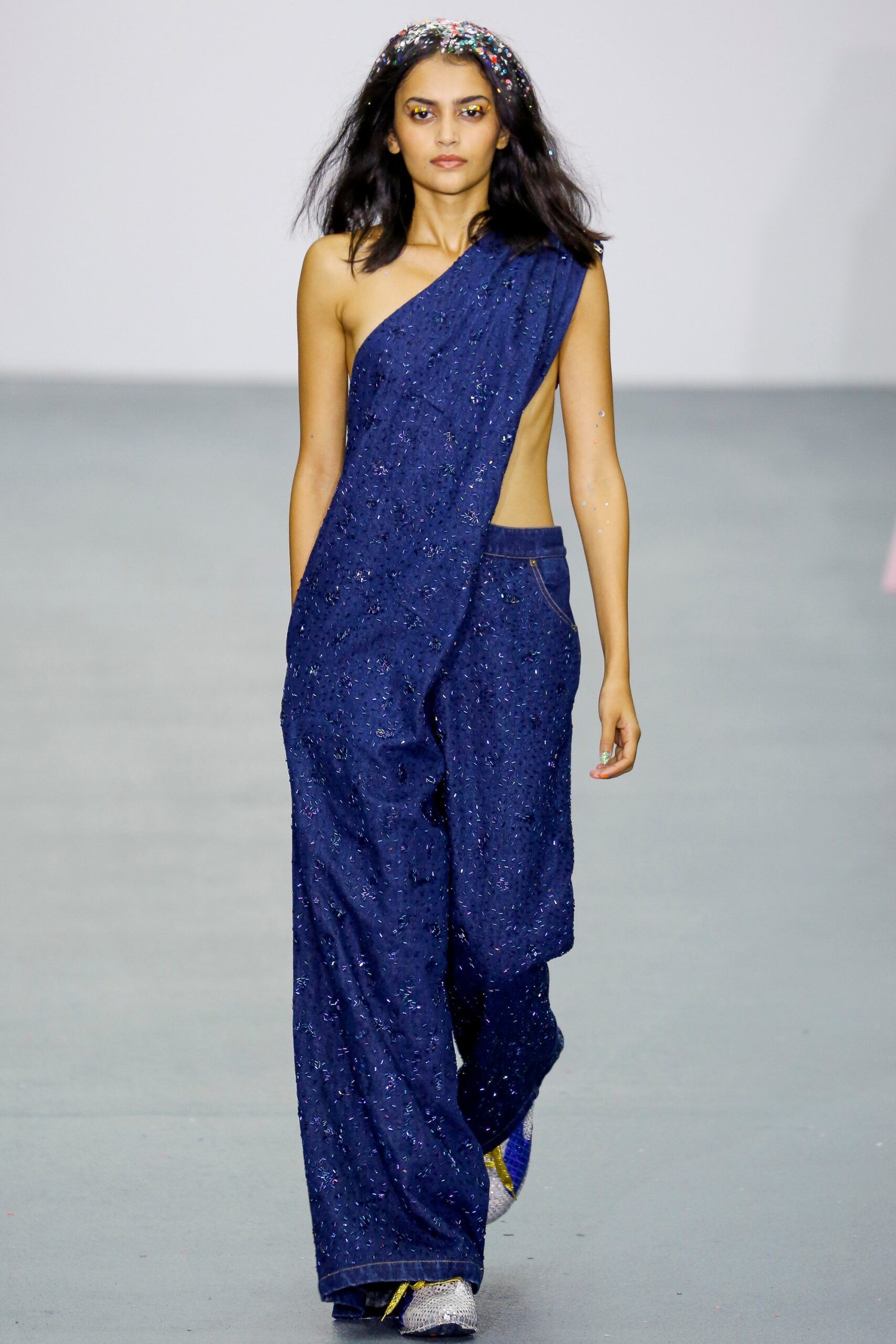 blue sequined asymmetric dress