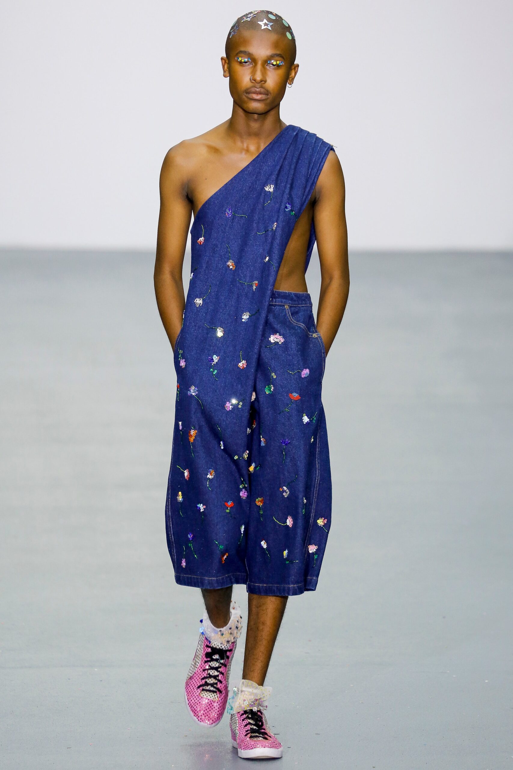 blue denim sleeveless asymmetric relaxed embroidered midi dress