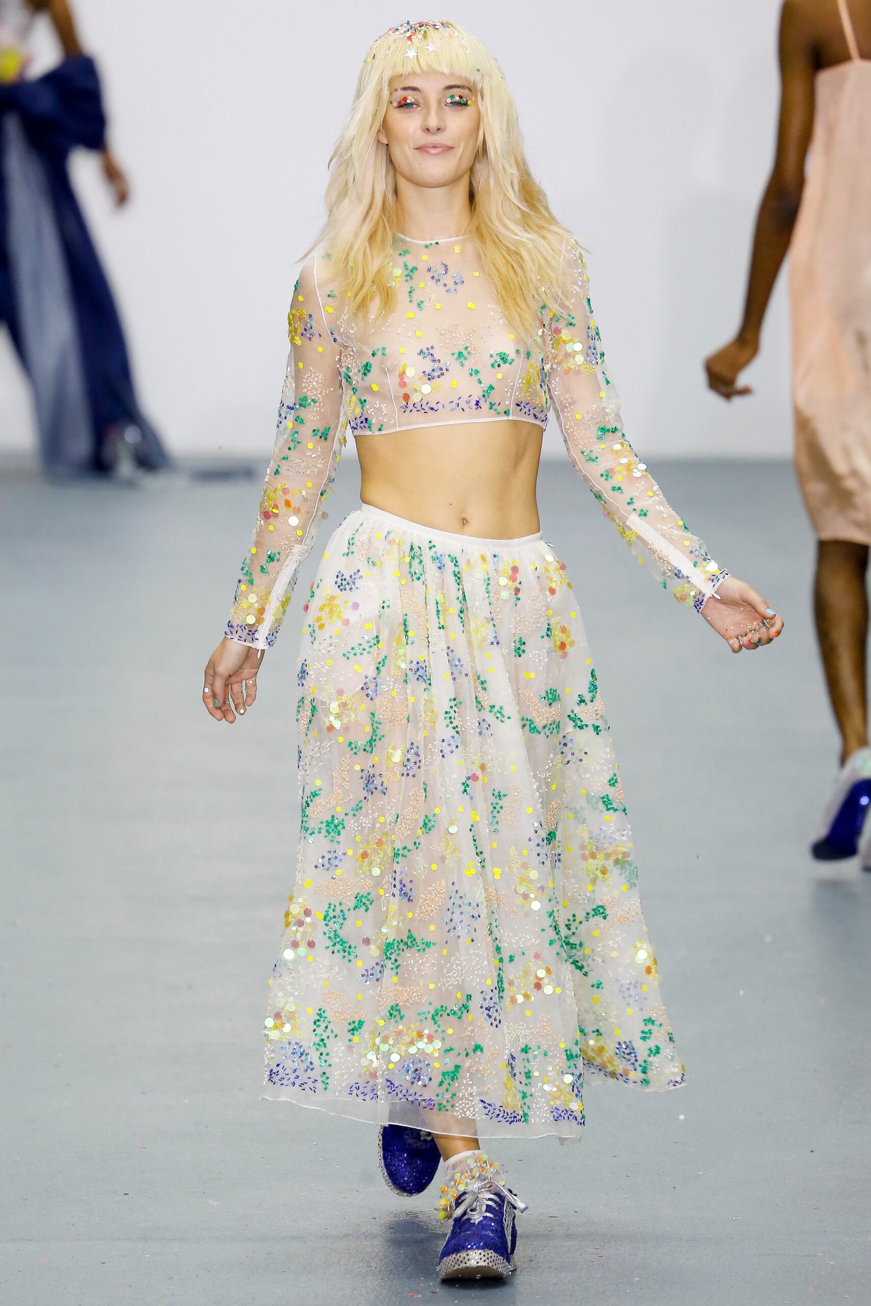 sheer embroidered top and tiered skirt