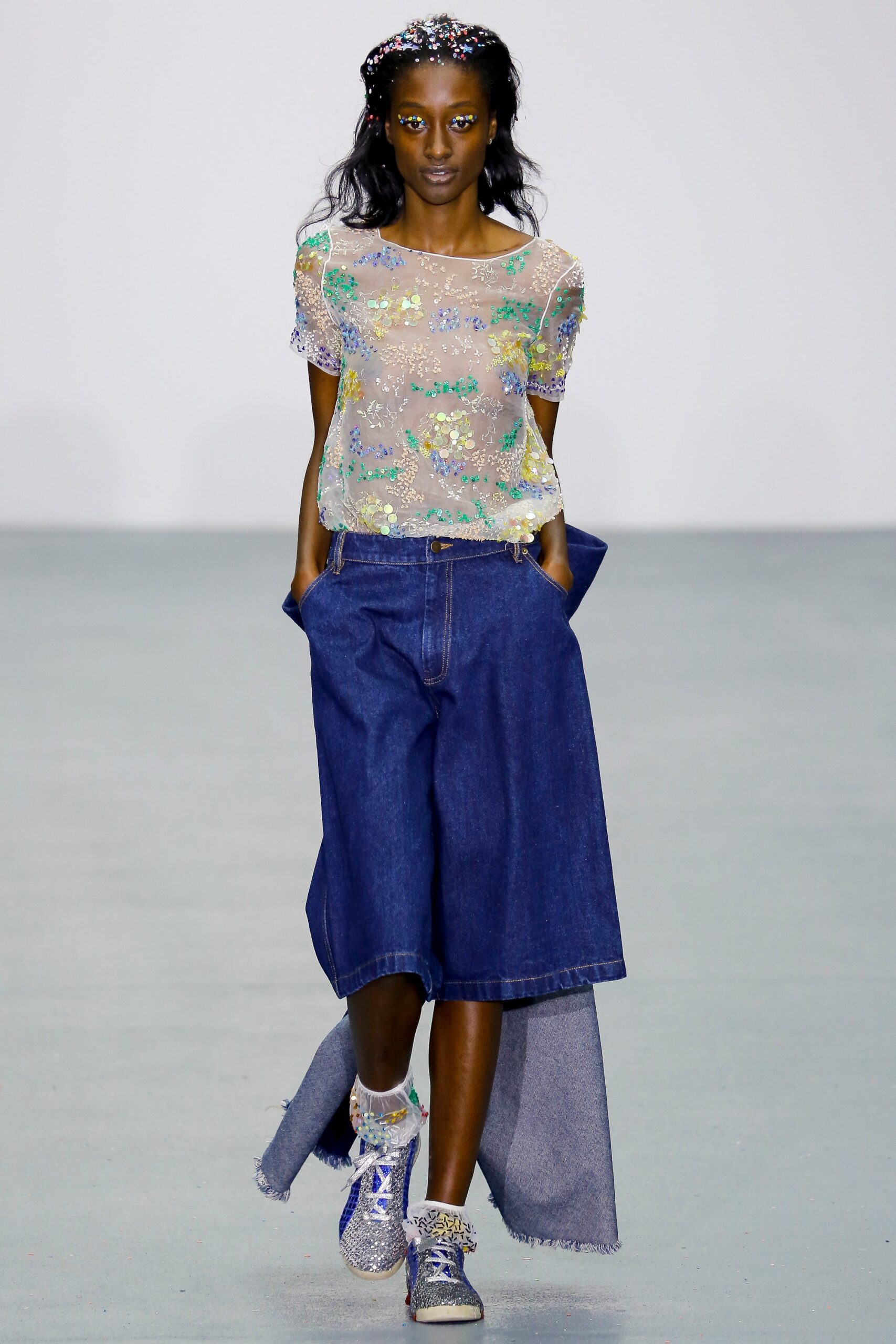 sheer embroidered top with denim culottes