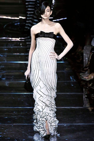 white and black ruffled gown