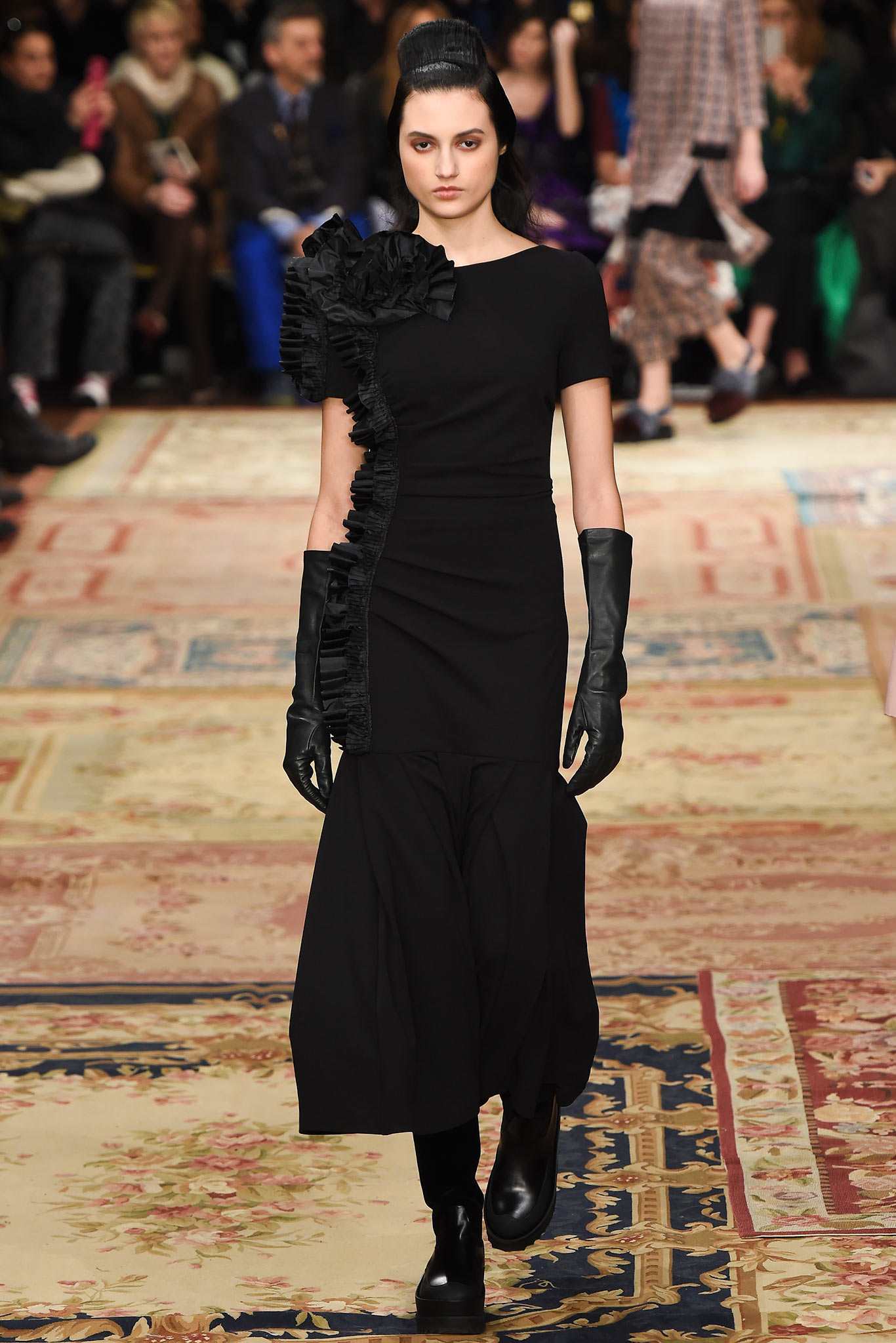 black fitted dress with ruffles