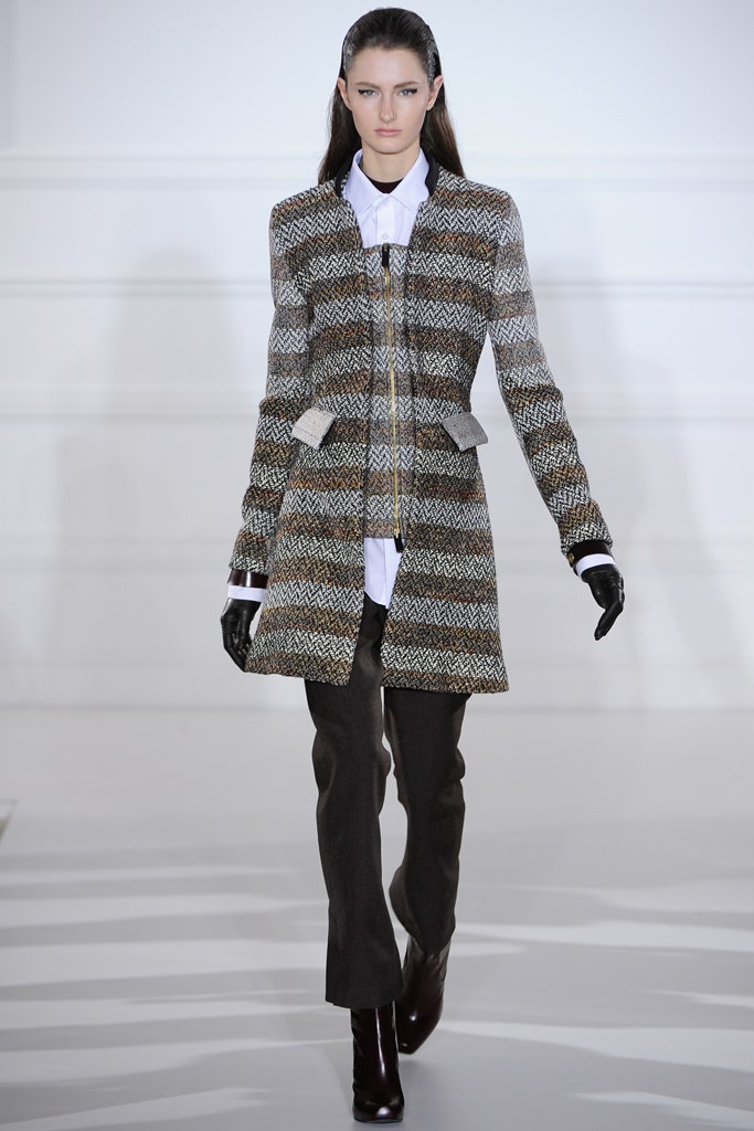 brown wool long-sleeve collared structured zigzag coat