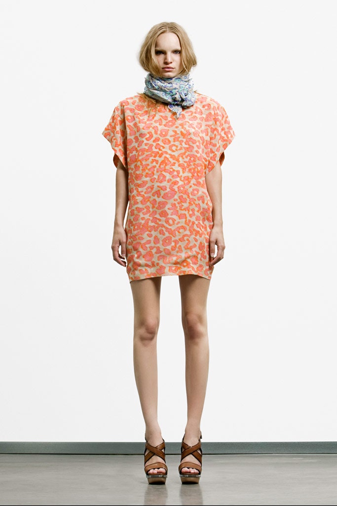 orange cotton short-sleeve relaxed animal-print mini dress