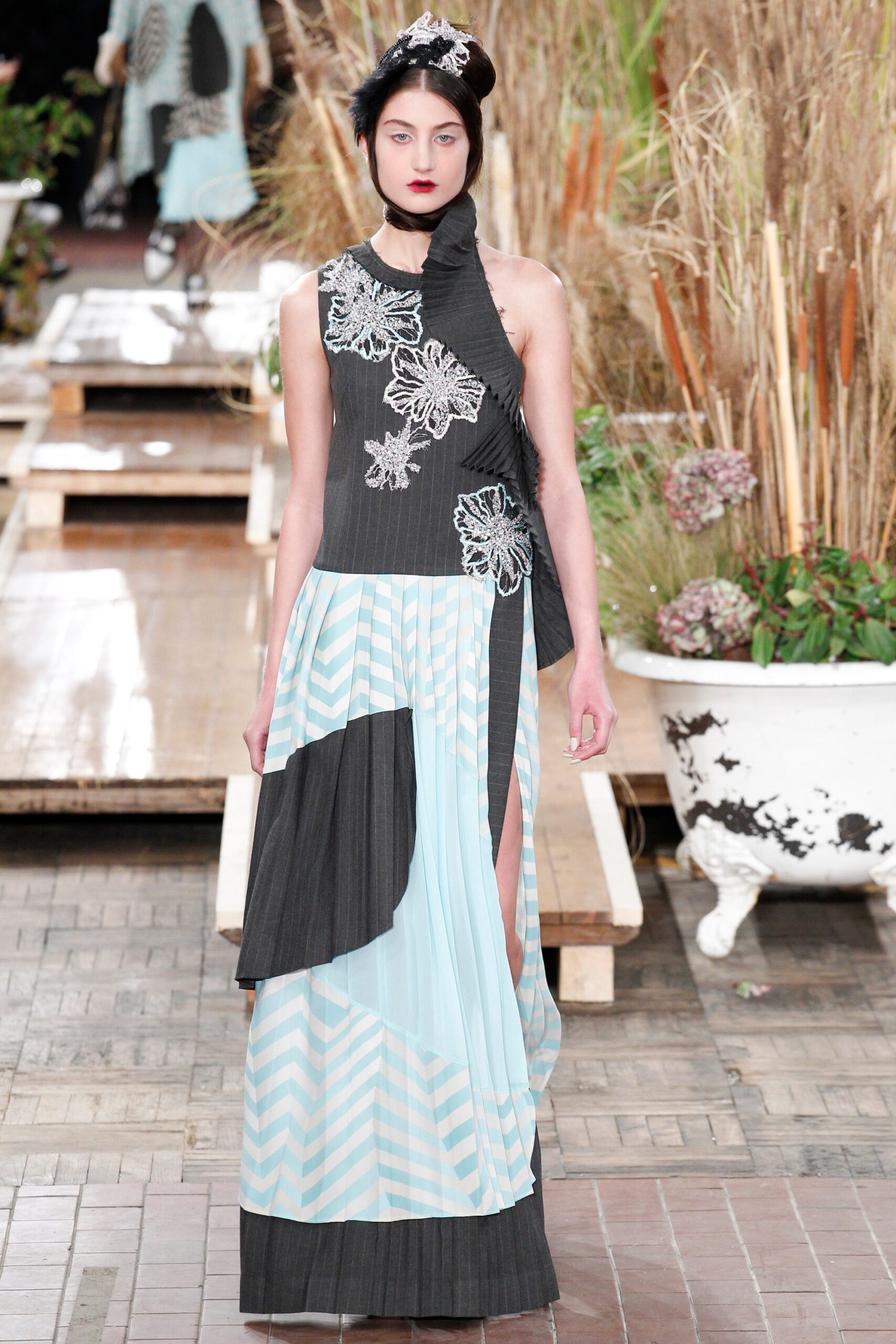 black and blue pleated maxi dress