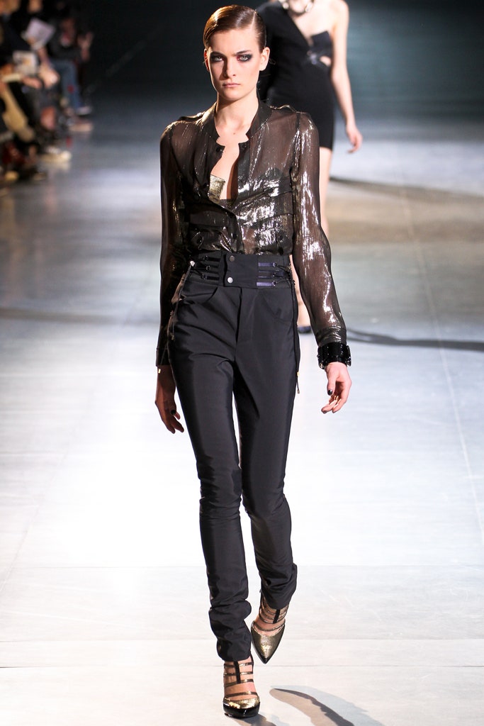 black silk long-sleeve v-neck fitted zippered shiny shirt