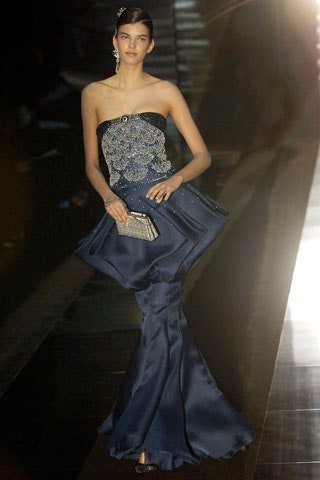blue silk strapless gown