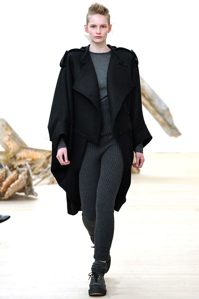 black wool coat gray top