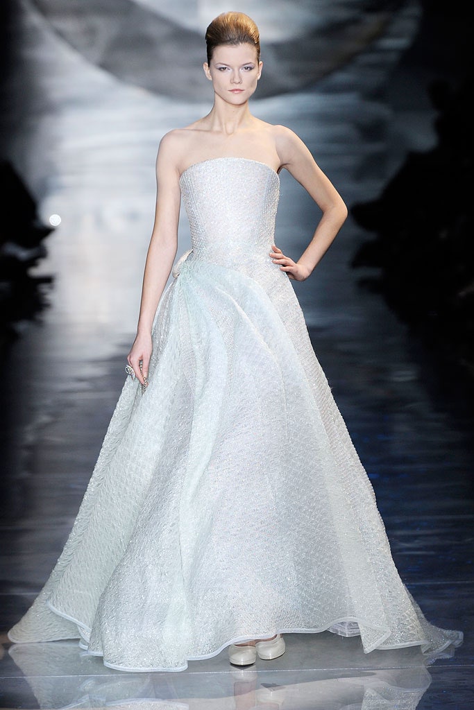white silk strapless gown