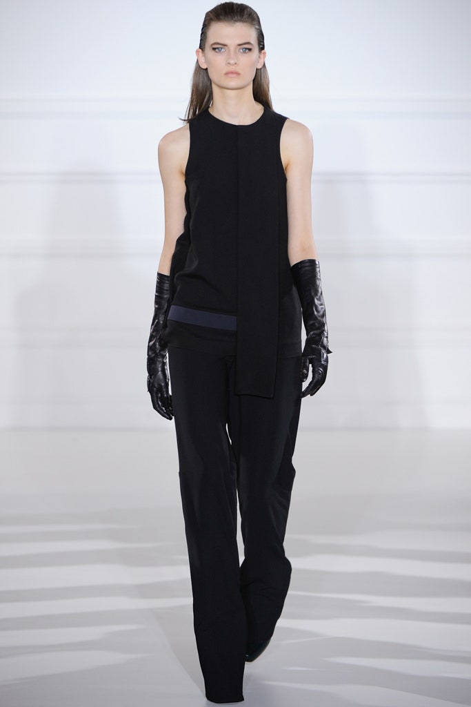 black silk sleeveless top with tailored pants