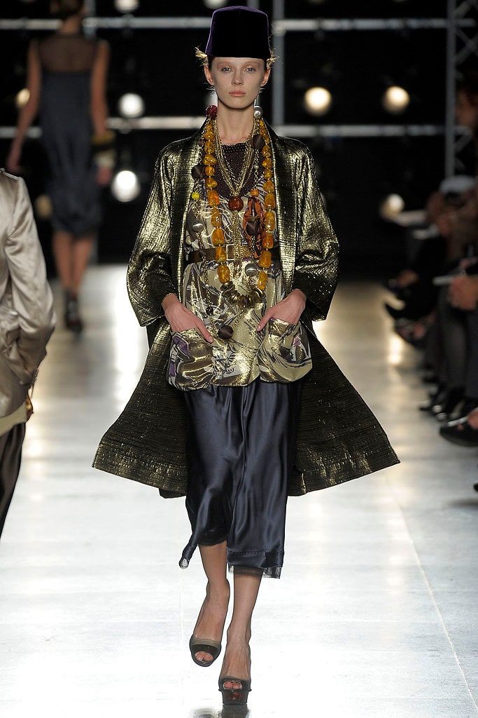 gold silk long-sleeve relaxed draped shiny coat