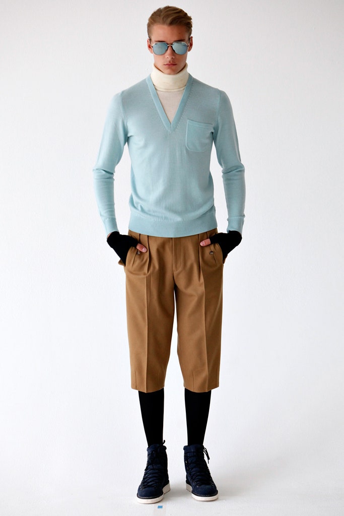 blue fitted sweater with relaxed pants