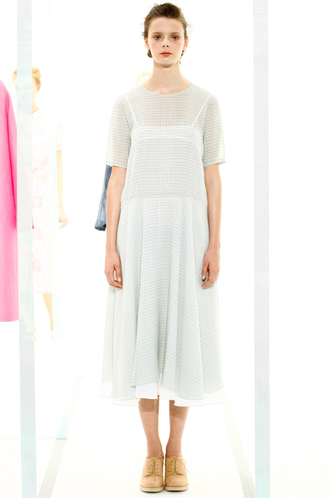 white and blue pleated midi dress