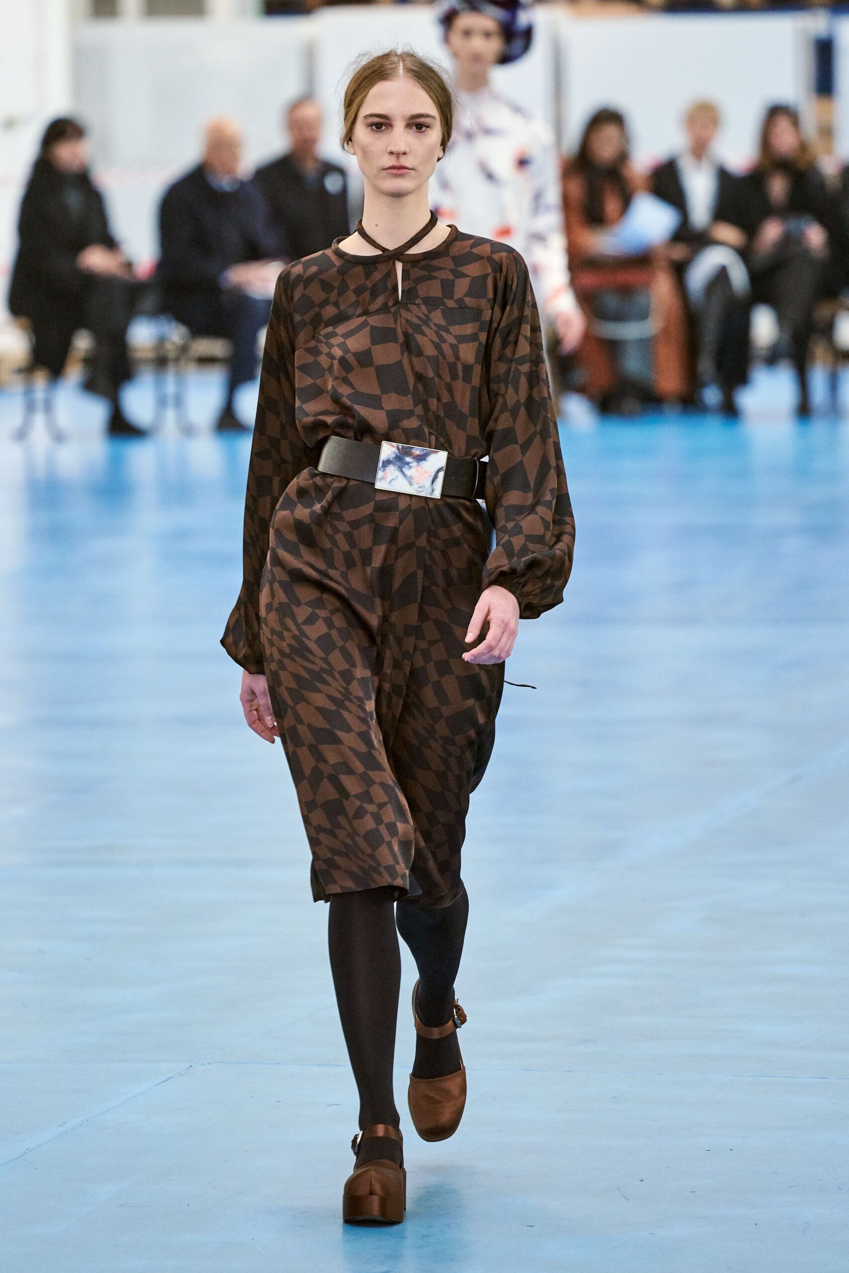 brown checked midi dress with belt