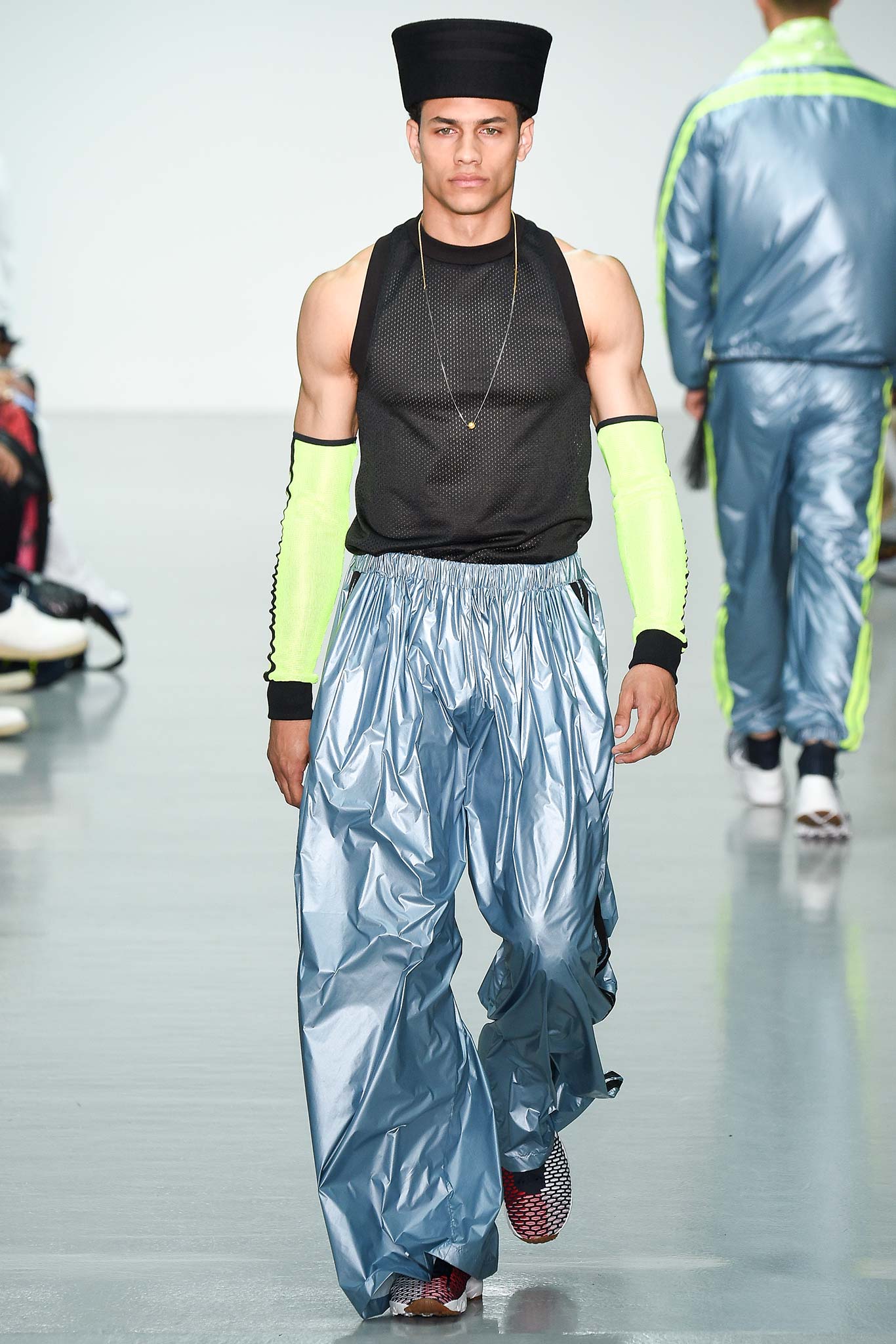 blue vinyl relaxed pleated shiny pants