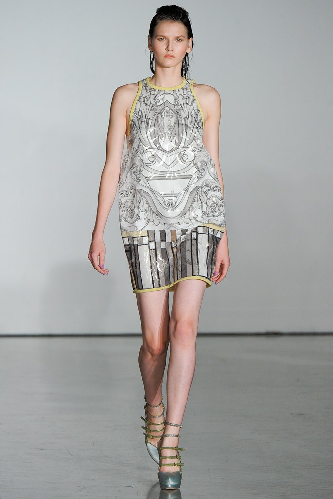 fitted silk top with mini skirt