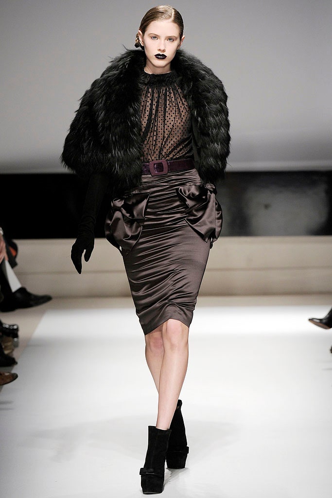 black silk fitted dress with fur cape