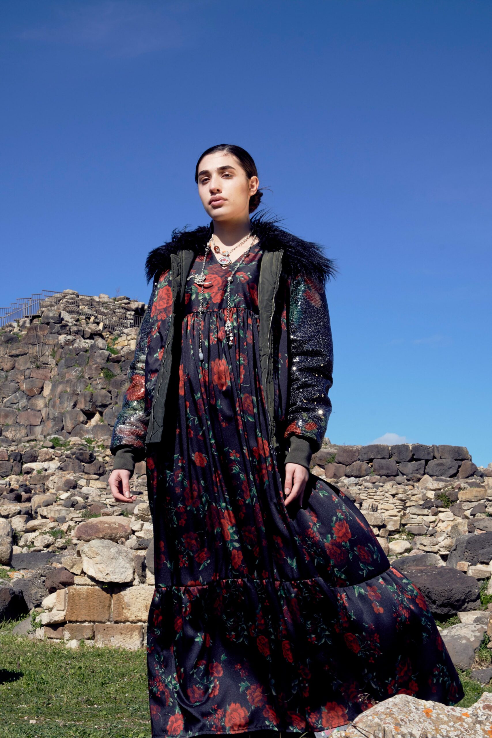 black silk long-sleeve v-neck relaxed floral tiered dress