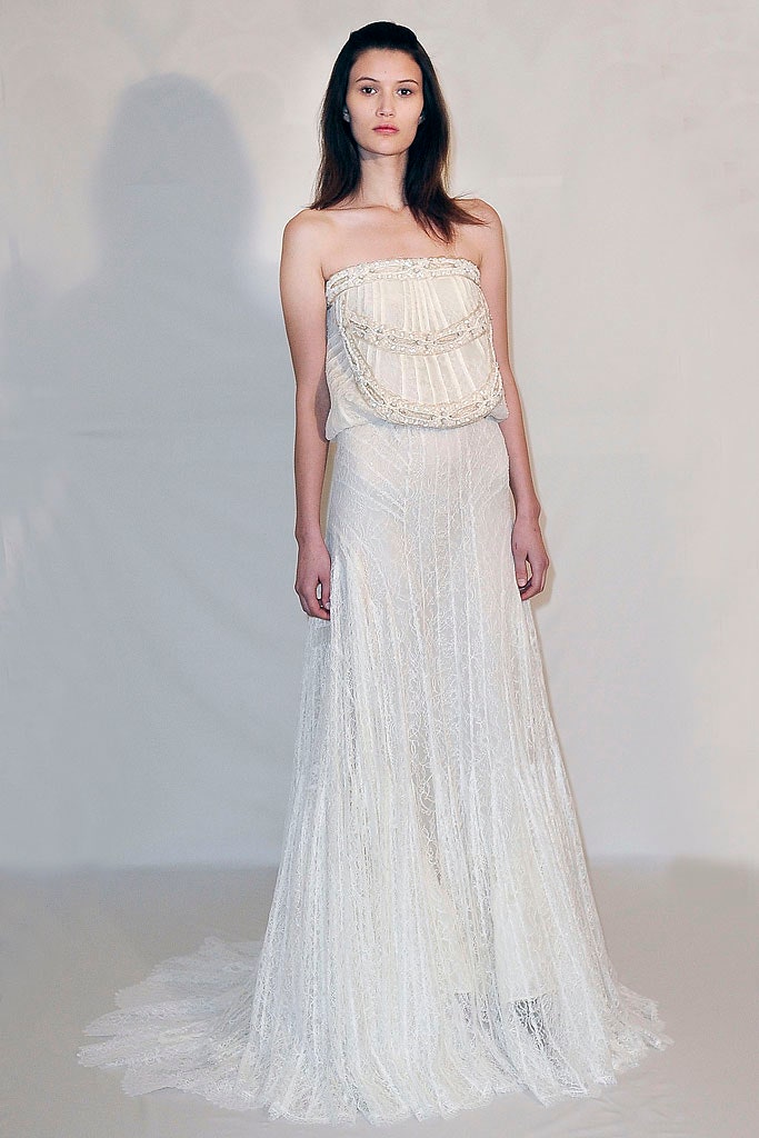 white lace strapless gown